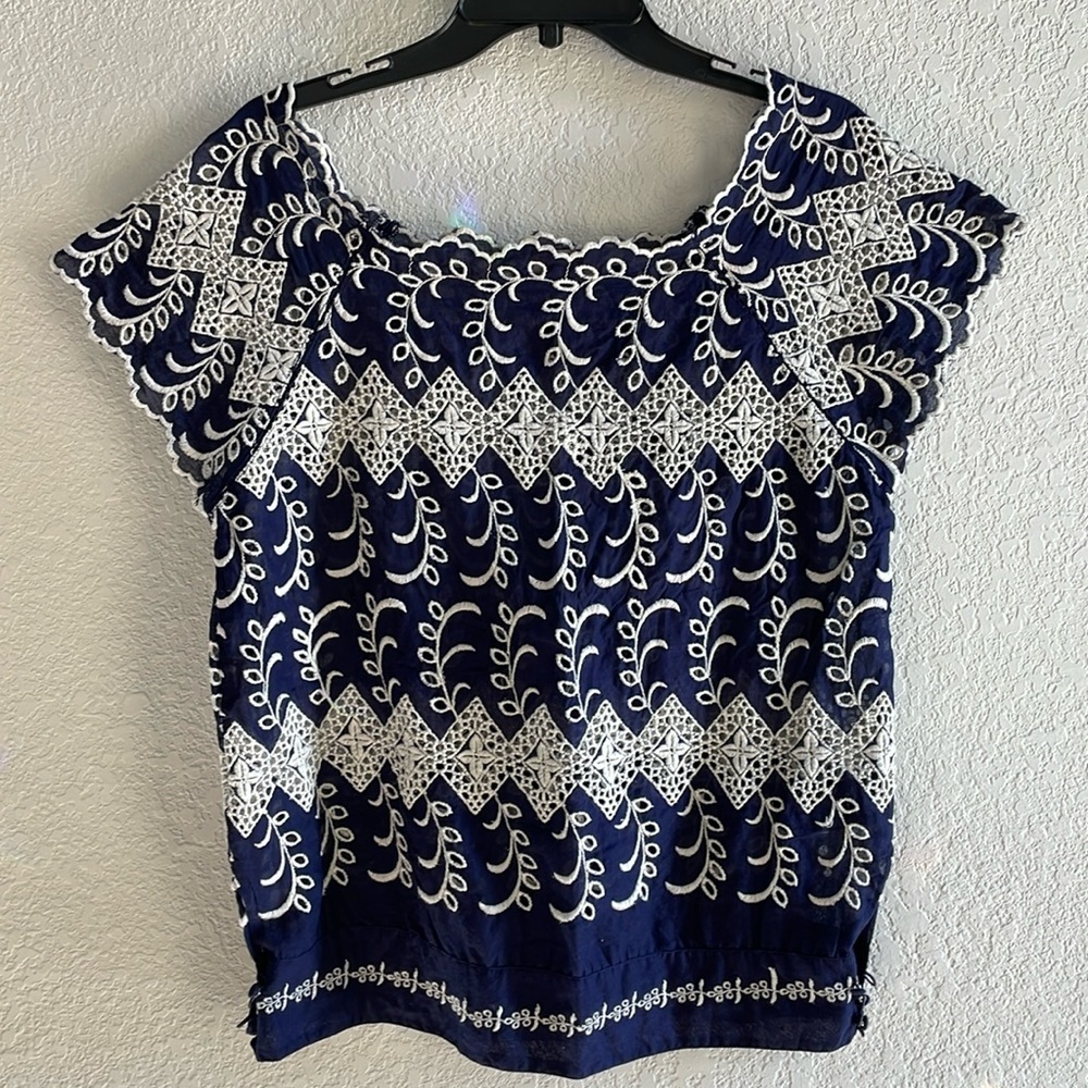 Anthropologie Vanessa Virginia Cotton Embroidered Top Blue Size 14